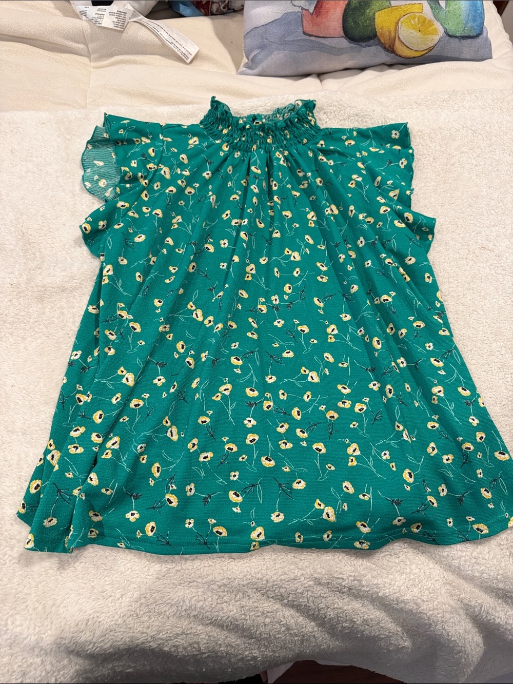 MELLODAY Teal Green Floral Ruffle Neck Womens Top